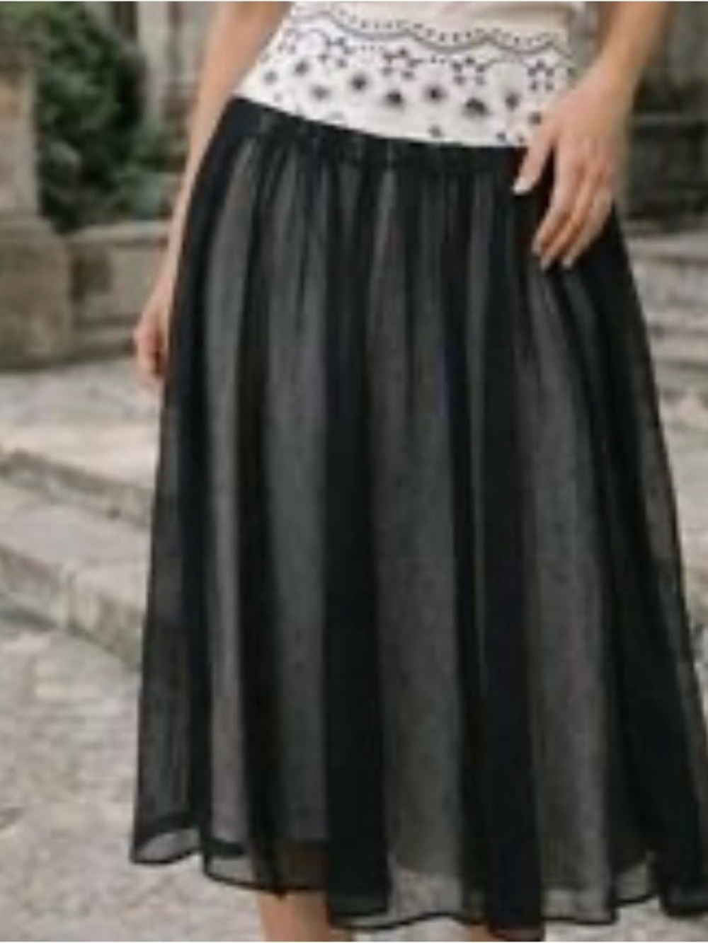 D Studio Black Sheer Midi Skirt with Elastic Waist Size 12